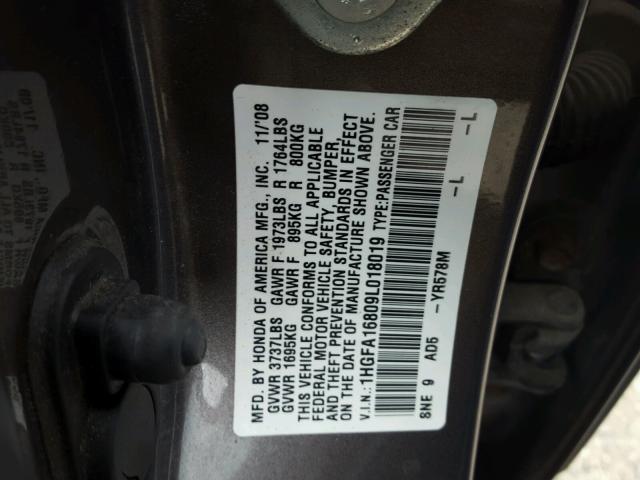 1HGFA16809L018019 - 2009 HONDA CIVIC EX GRAY photo 10