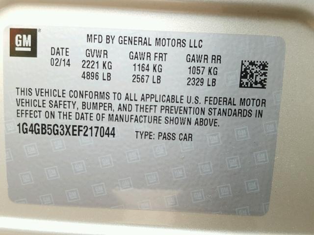 1G4GB5G3XEF217044 - 2014 BUICK LACROSSE GRAY photo 10