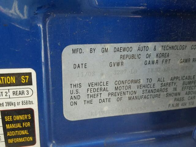 KL1TJ62604B150853 - 2004 CHEVROLET AVEO LS BLUE photo 10