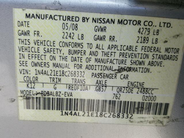 1N4AL21E18C268332 - 2008 NISSAN ALTIMA 2.5 SILVER photo 10