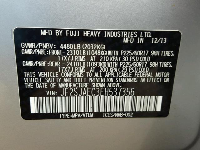 JF2SJAEC3EH537356 - 2014 SUBARU FORESTER 2 SILVER photo 10