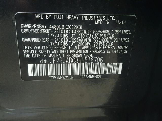 JF2SJABC8HH516706 - 2017 SUBARU FORESTER 2 GRAY photo 10