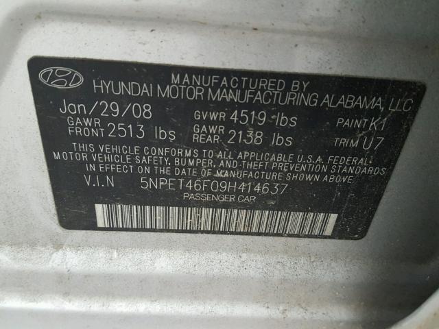 5NPET46F09H414637 - 2009 HYUNDAI SONATA GLS SILVER photo 10