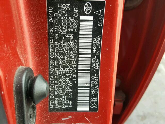 JTDKN3DU6A0169272 - 2010 TOYOTA PRIUS RED photo 10