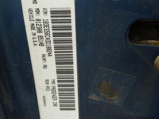 1B3ES56C43D188244 - 2003 DODGE NEON SXT BLUE photo 10