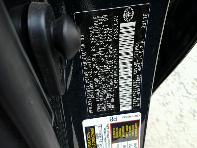 4T1BF1FK7GU232227 - 2016 TOYOTA CAMRY LE შავი ფოტო 10