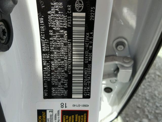 4T1BK1EB4HU258671 - 2017 TOYOTA AVALON XLE WHITE photo 10