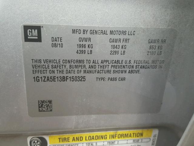 1G1ZA5E13BF150325 - 2011 CHEVROLET MALIBU LS Արծաթագույն լուսանկար 10