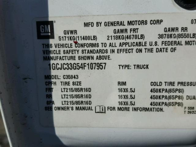 1GCJC33G54F107957 - 2004 CHEVROLET SILVERADO WHITE photo 10