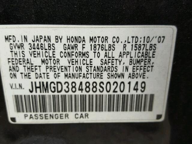 JHMGD38488S020149 - 2008 HONDA FIT BLACK photo 10