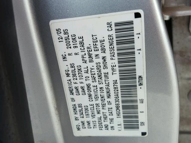 1HGCM66306A028794 - 2006 HONDA ACCORD LX SILVER photo 10