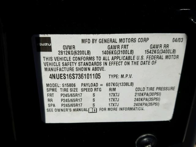 4NUES16S736101105 - 2003 ISUZU ASCENDER S შავი ფოტო 10