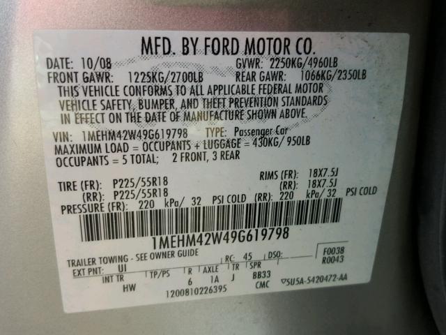 1MEHM42W49G619798 - 2009 MERCURY SABLE SILVER photo 10