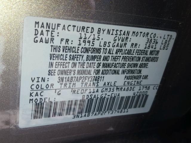 3N1AB7AP2FY374811 - 2015 NISSAN SENTRA S GRAY photo 10