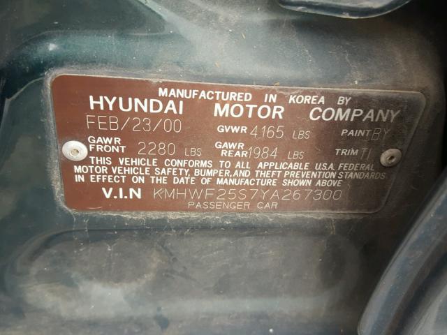 KMHWF25S7YA267300 - 2000 HYUNDAI SONATA GREEN photo 10