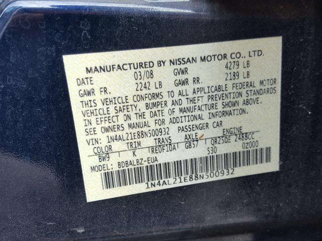 1N4AL21E88N500932 - 2008 NISSAN ALTIMA 2.5 BLUE photo 10