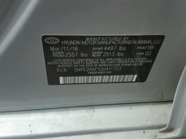 5NPE24AF1GH411723 - 2016 HYUNDAI SONATA SE SILVER photo 10