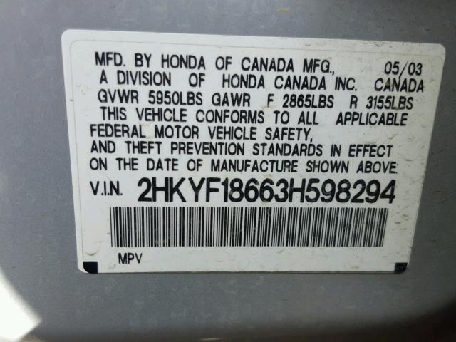 2HKYF18663H598294 - 2003 HONDA PILOT EXL SILVER photo 10