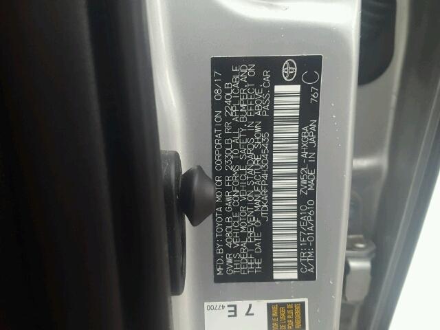 JTDKARFP4H3045435 - 2017 TOYOTA PRIUS PRIM ვერცხლისფერი ფოტო 10