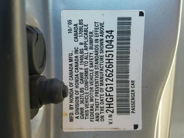 2HGFG12626H510434 - 2006 HONDA CIVIC LX SILVER photo 10