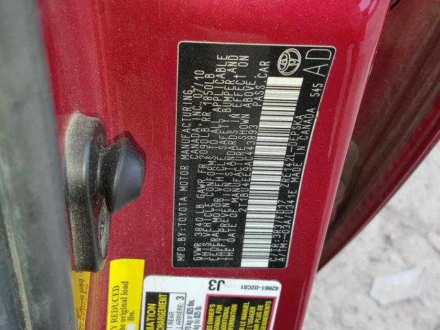 2T1BU4EE9AC443893 - 2010 TOYOTA COROLLA BA RED photo 10