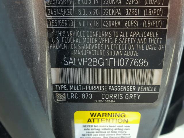 SALVP2BG1FH077695 - 2015 LAND ROVER RANGE ROVE CHARCOAL photo 10