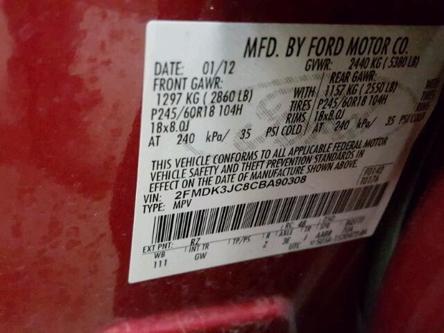 2FMDK3JC8CBA90308 - 2012 FORD EDGE SEL RED photo 10