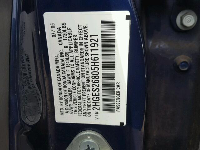 2HGES26805H611921 - 2005 HONDA CIVIC EX 蓝色 照片 10