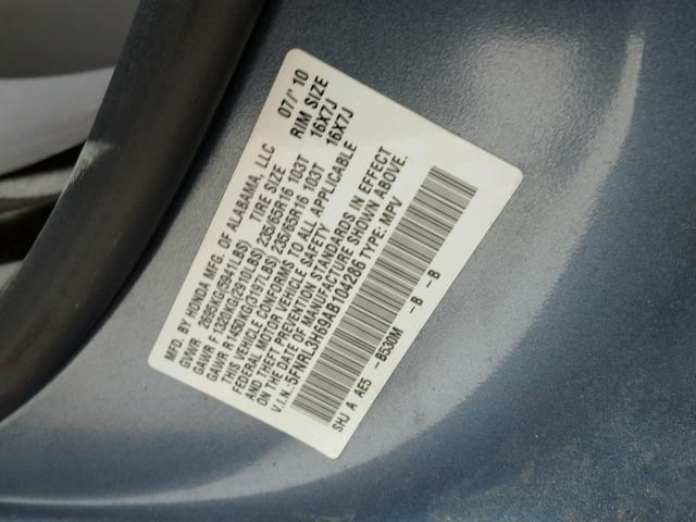 5FNRL3H69AB104286 - 2010 HONDA ODYSSEY EX BLUE photo 10