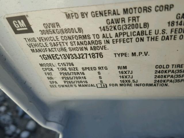 1GNEC13V33J271876 - 2003 CHEVROLET TAHOE C150 WHITE photo 10