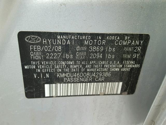 KMHDU46D08U429386 - 2008 HYUNDAI ELANTRA GL SILVER photo 10