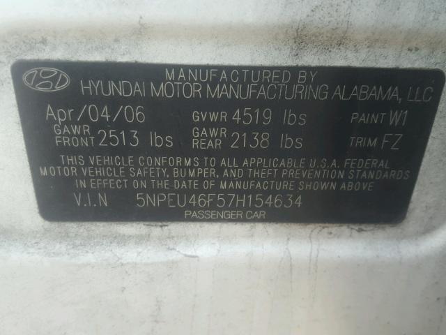 5NPEU46F57H154634 - 2007 HYUNDAI SONATA WHITE photo 10