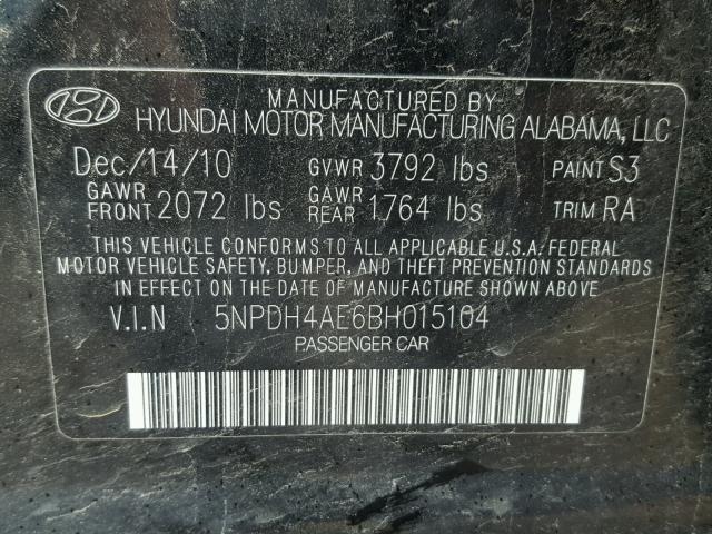 5NPDH4AE6BH015104 - 2011 HYUNDAI ELANTRA BLACK photo 10