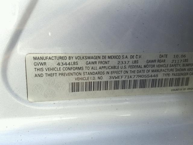 3VWEF71K77M055448 - 2007 VOLKSWAGEN JETTA SILVER photo 10