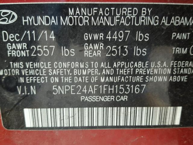 5NPE24AF1FH153167 - 2015 HYUNDAI SONATA SE RED photo 10