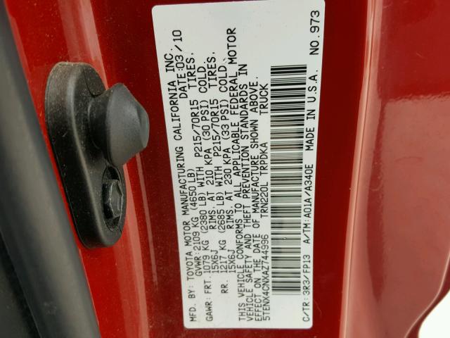 5TENX4CNXAZ744996 - 2010 TOYOTA TACOMA RED photo 10