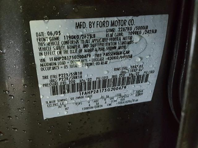 1FAHP28175G200479 - 2005 FORD FIVE HUNDR GRAY photo 10