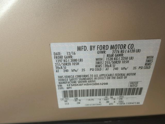 1FM5K8FH5HGB63298 - 2017 FORD EXPLORER L GOLD photo 10