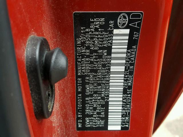 2T1BU4EE8BC713388 - 2011 TOYOTA COROLLA BA RED photo 10