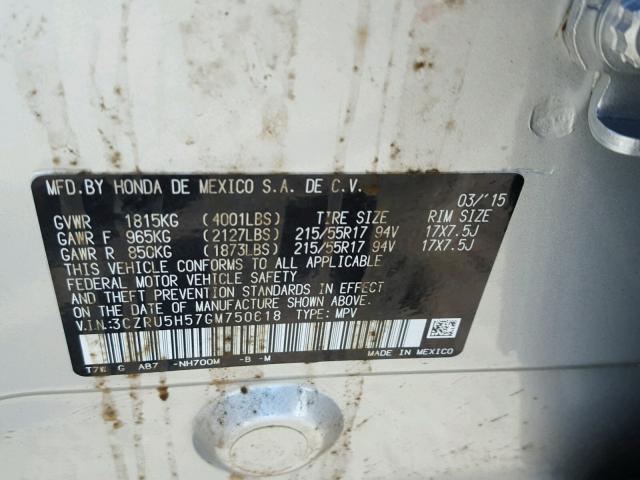 3CZRU5H57GM750618 - 2016 HONDA HR-V EX SILVER photo 10