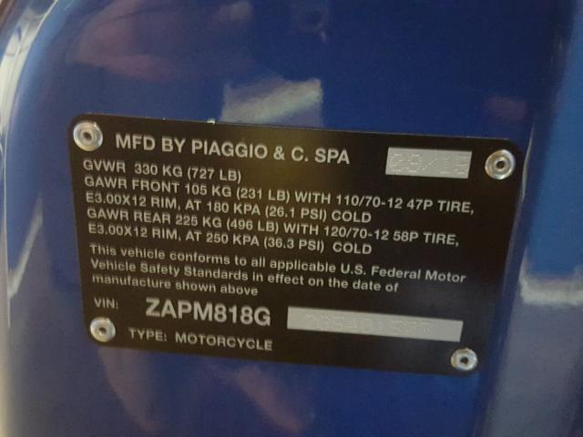 ZAPM818G2G5401577 - 2016 VESPA SPRINT 150 BLUE photo 10