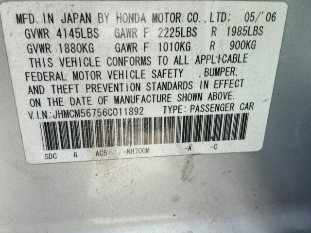 JHMCM56756C011892 - 2006 HONDA ACCORD EX SILVER photo 10