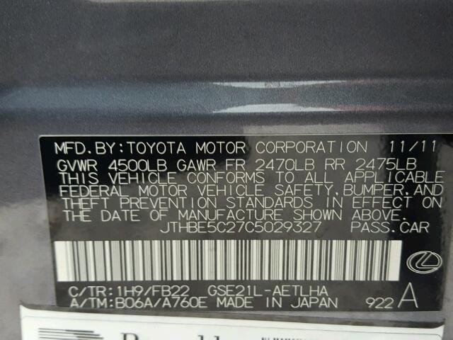 JTHBE5C27C5029327 - 2012 LEXUS IS 350 GRAY photo 10