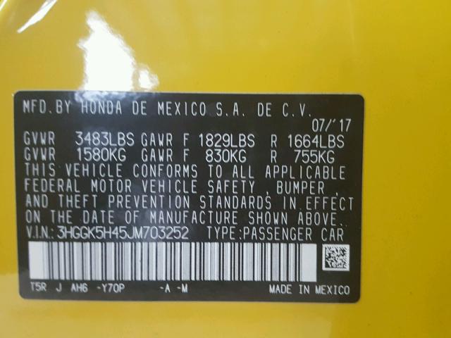 3HGGK5H45JM703252 - 2018 HONDA FIT LX أصفر صورة 10