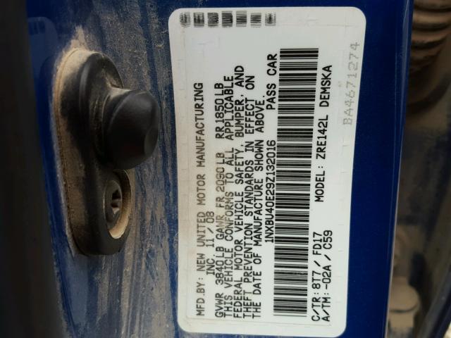 1NXBU40E29Z132016 - 2009 TOYOTA COROLLA BA BLUE photo 10