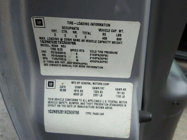 1G2NE52E1XC509766 - 1999 PONTIAC GRAND AM S 银色 照片 10