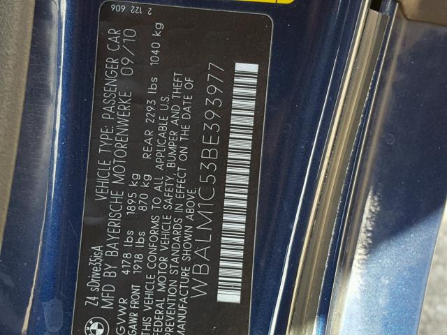 WBALM1C53BE393977 - 2011 BMW Z4 SDRIVE3 BLUE photo 10