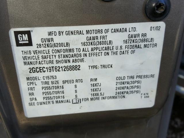 2GCEC19T621268882 - 2002 CHEVROLET SILVERADO GRAY photo 10