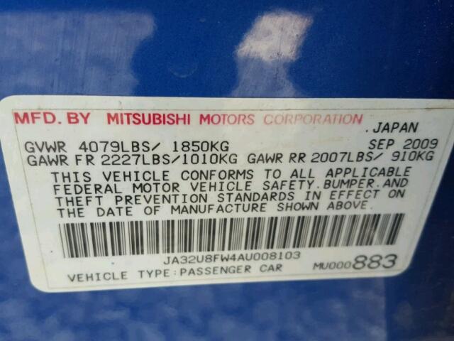 JA32U8FW4AU008103 - 2010 MITSUBISHI LANCER GTS BLUE photo 10