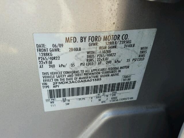 2FMDK3AC0ABA01585 - 2010 FORD EDGE SPORT SILVER photo 10